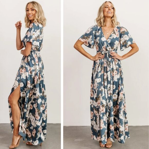 NEW Baltic Born Sicily Satin Maxi Dress Blue Floral Bohemian Maternity Wedding - Picture 1 of 12